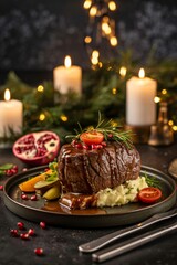 A thick filet mignon is served on a plate with mashed potatoes and vegetables in a festive setting