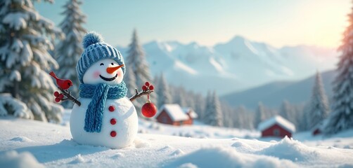 Obraz premium Funny snowman wears blue hat, scarf in winter landscape. It holds red bird, Christmas ornament. Snow covered fir trees, mountains, small red cabins appear in background. Winter holiday season mood.