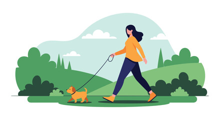 An illustration of a woman enjoying a leisurely walk with her small dog on a leash through a vibrant green park on a sunny day.