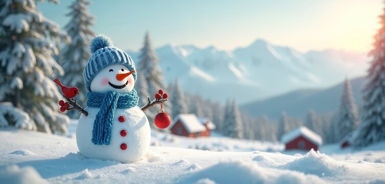 Funny snowman wears blue hat, scarf in winter landscape. It holds red bird, Christmas ornament. Snow covered fir trees, mountains, small red cabins appear in background. Winter holiday season mood.