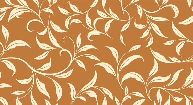 Elegant seamless pattern featuring swirling cream-colored vines and delicate leaves on a rich terracotta-orange background, ideal for decorative and textile designs.