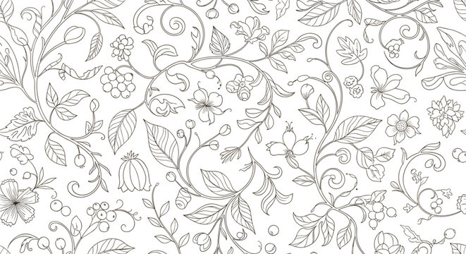 Seamless botanical pattern with delicate hand-drawn flowers, leaves, and berries in an intricate sketch line art style on a white background.