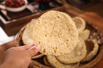 Crispy Fried Tofu Skin Wafer - Traditional Vegetarian Protein Food in Wooden Bowl