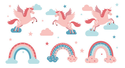 Fototapeta premium Charming seamless pattern with flying winged unicorns, colorful rainbows, fluffy clouds, and twinkling stars in a pastel pink and blue palette.