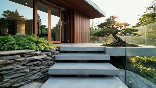 Cinematic video footage panning up concrete steps towards a modern luxury house with a bonsai tree at sunset.