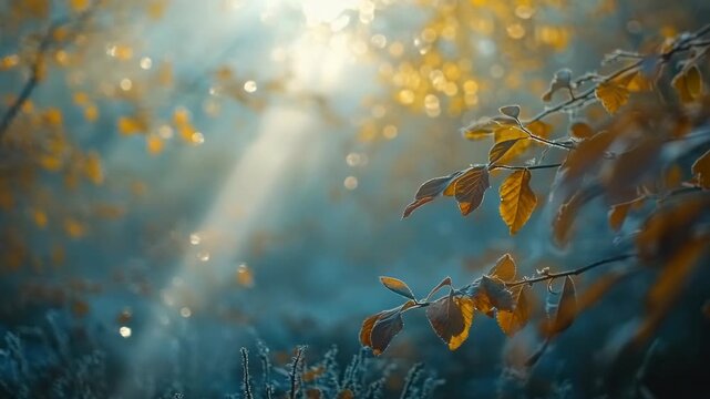 A beautiful autumn forest scene with golden maple leafs glistening in the sun. A clearing in the woods. Bright sunbeams shine through the leaves creating an enchanting ambiance.