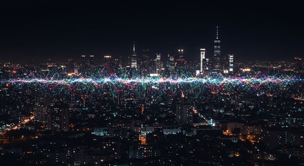 Aerial night view of a sprawling cityscape, highlighted by a vibrant data wave pattern