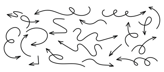 Set of multidirectional black arrows hand drawn on white