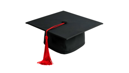 A black square graduation cap with a red tassel against a solid, dark background