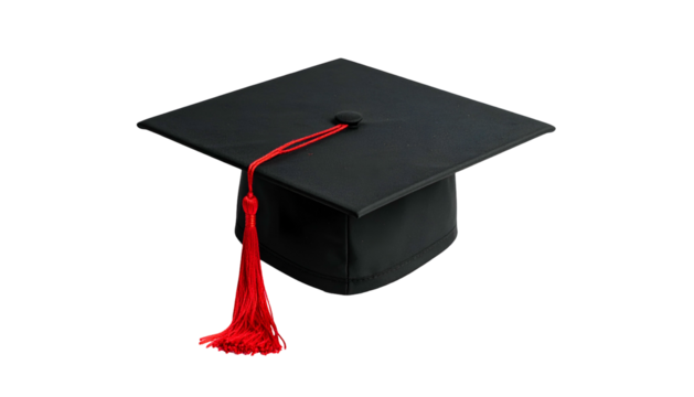 A black square graduation cap with a red tassel against a solid, dark background