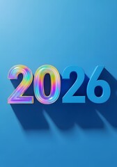 Vibrant 3D numbers "2026" with a rainbow gradient effect casting a shadow on a bright blue background, perfect for New Year and future concepts.

