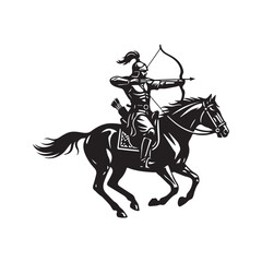 Naklejka premium Japanese Samurai Warrior Riding Horse Shooting Bow and Arrow Silhouette Vector 