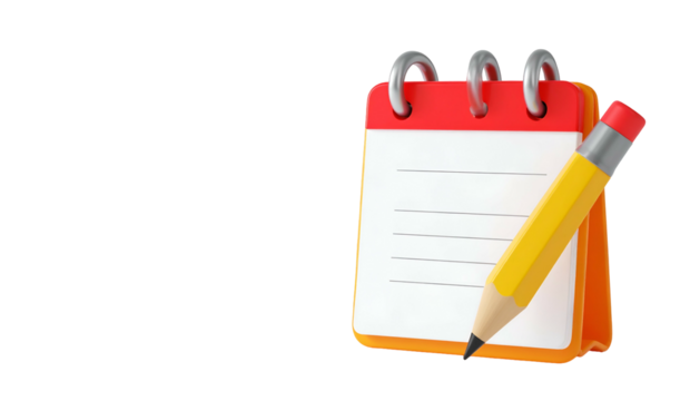 A 3D rendered calendar with a pencil superimposed, against a deep black background