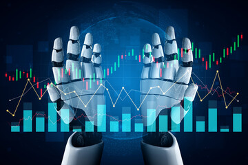Robotic hands analyze digital graphs and charts, symbolizing the integration of artificial intelligence in financial market analysis and decision-making processes. Scalp