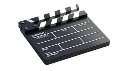 Detailed image of a movie clapperboard, black and white, with script information fields
