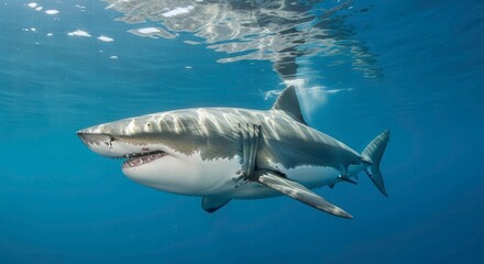 Fototapeta premium Ocean Predator: A majestic great white shark glides effortlessly through the ocean's depths, its powerful form a testament to nature's raw beauty and the mysteries beneath the waves.