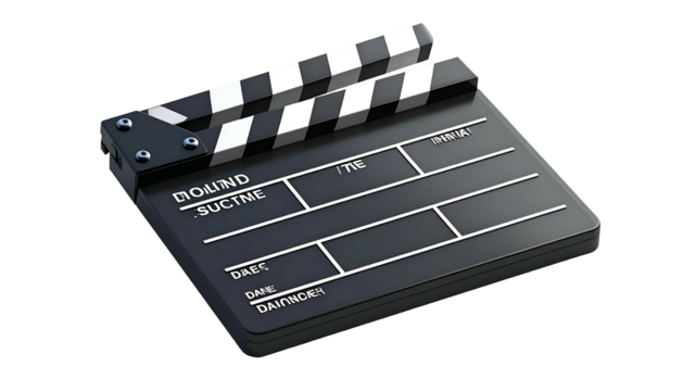 Detailed image of a movie clapperboard, black and white, with script information fields