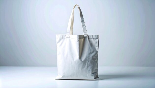 Simple white fabric tote bag standing on a clean neutral background for mockup.