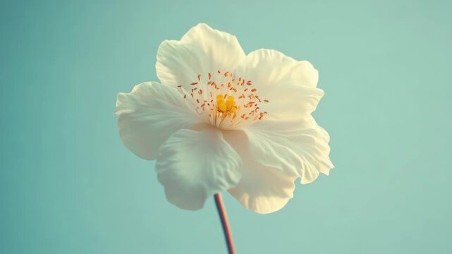 White flower with yellow center against blue sky.