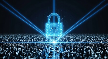 Digital padlock with glowing blue light beams symbolizes data protection and cybersecurity in the modern digital age of information technology