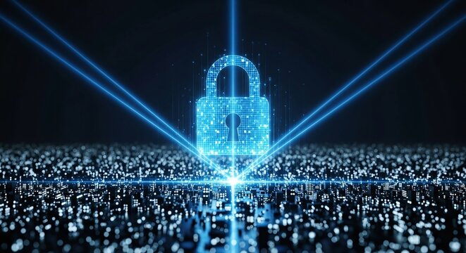 Digital padlock with glowing blue light beams symbolizes data protection and cybersecurity in the modern digital age of information technology