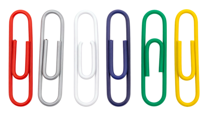 Six colorful metal paperclips arranged horizontally on a black background