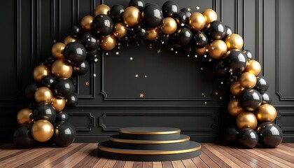 Naklejka premium Black, gold balloons form grand arch. Chic three tiered podium stands on wooden floor. Golden stars sparkle on dark paneled wall. Luxurious studio setup provides elegant backdrop for celebration,