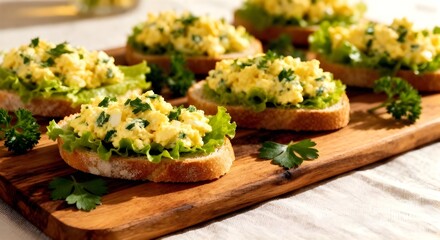 Egg salad sandwiches with greens and herbs on wooden board. Healthy food.