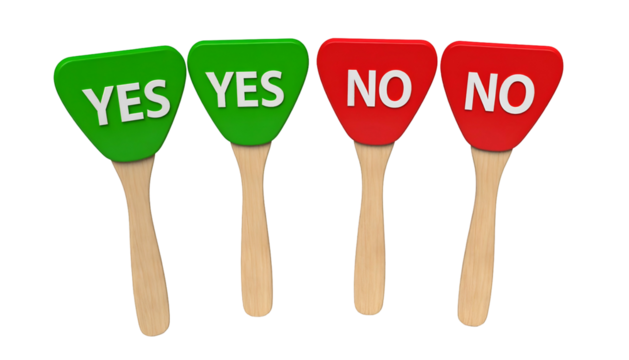 Four popsicle-shaped signs, two green "YES" and two red "NO" with wooden sticks, on black