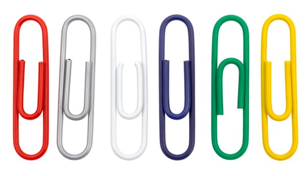 Six colorful metal paperclips arranged horizontally on a black background