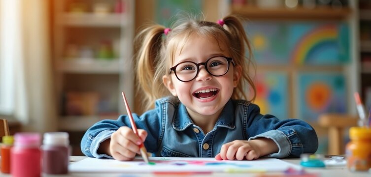 Happy young girl with pigtails, round glasses smiles bright. Paints colorful picture on white paper with brush. Paint pots sit on table. Child learns art, enjoys creative class. Kid engages in