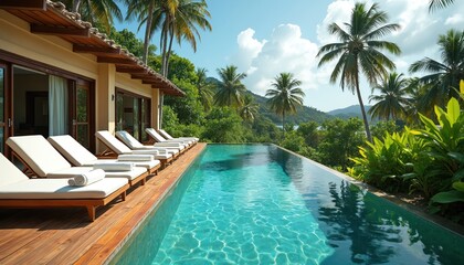Fototapeta premium Luxury tropical resort infinity pool. Wooden deck with many sun loungers, clean white towels. Palm trees, green plants, distant mountains, clear blue ocean view. Perfect sunny day for summer holiday