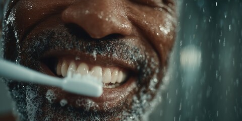 Obraz premium Black man Brushing teeth with a toothbrush and toothpaste, Fresh breath, dental insurance, personal hygiene, brushing teeth in the morning, care from childhood, morning routine. High quality