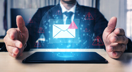 Phishing email alert concept showing digital envelope with warning sign represents data theft, network breach, and email security threats. Parse
