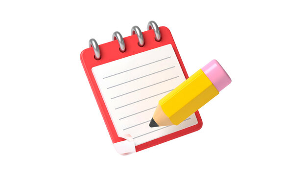 A red notepad, with lined white paper, being written on by a yellow pencil with a pink eraser