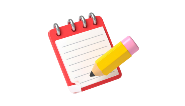 A red notepad, with lined white paper, being written on by a yellow pencil with a pink eraser