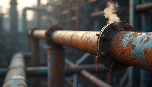 Rusty pipe leaks steam in industrial setting. Damaged pipeline infrastructure shows corrosion and decay, suggesting pollution risk. Gas fumes emit from failing connection point.