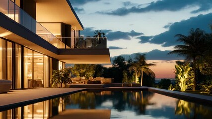 Elegant poolside house with large windows and outdoor dining area.