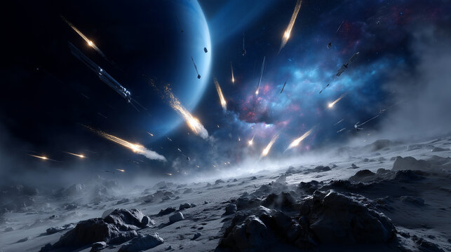 A hyper-detailed, vibrant, fantastical outer space scene showing dozens of celestial objects and spacecraft at once. Foreground: the Moonâs rocky grey surface with deep craters, as