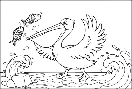 Line art illustration of a pelican fishing in the water with fis