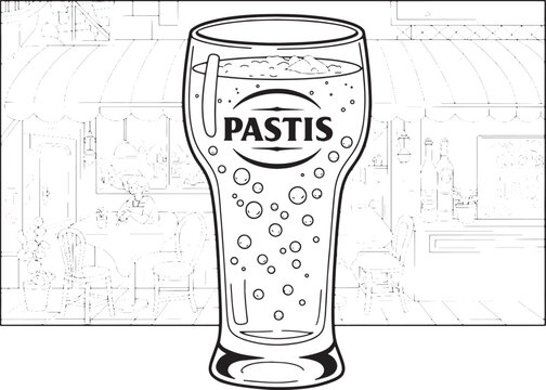 Pastis drink illustration with a classic Parisian bistro in the