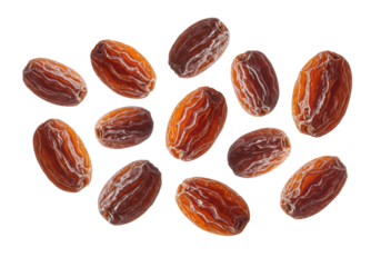 Photorealistic dried raisins, deep dark brown, wrinkled, dynamically suspended in mid-air against a transparent studio backdrop with copy space, healthy snack concept