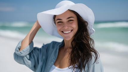 A joyful young woman standing on a bright sunny beach, smiling widely while holding her large white sun hat with one hand. She has long wavy dark hair blowing gently in the ocean b