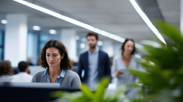 A modern open-plan office filled with diverse business professionals working collaboratively. Several employees are seated at workstations with computers, engaged in focused discus - Powered by Adobe