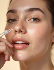 Close up photo of woman with serum application. Female model using skincare treatment with dropper. Beautiful face with skin glow. Wellness beauty treatment, healthy lifestyle.