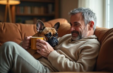 Mature man relaxes on cozy sofa with pet French Bulldog. He holds a hot drink mug, gently strokes his dog. Both enjoy a quiet, warm moment at home. Happy owner and furry friend bond indoors.