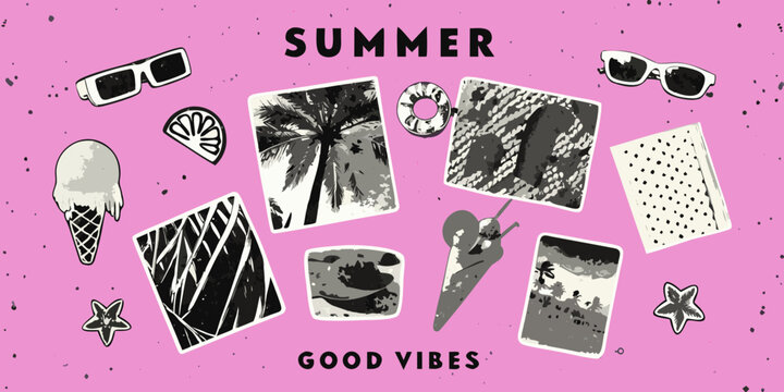 Summer good vibes illustration with sunglasses ice cream and beach photos