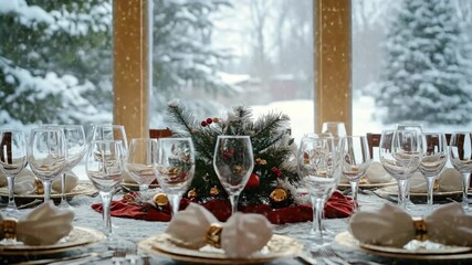 A festive holiday dinner party setup with a centerpiece and place settings, including wine glasses.