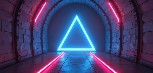 Fototapeta premium Neon triangle glows in futuristic tunnel. Pink and blue lights illuminate stone walls and tiled floor. Sci-fi pathway leads to digital metaverse. Interior with geometric shapes.