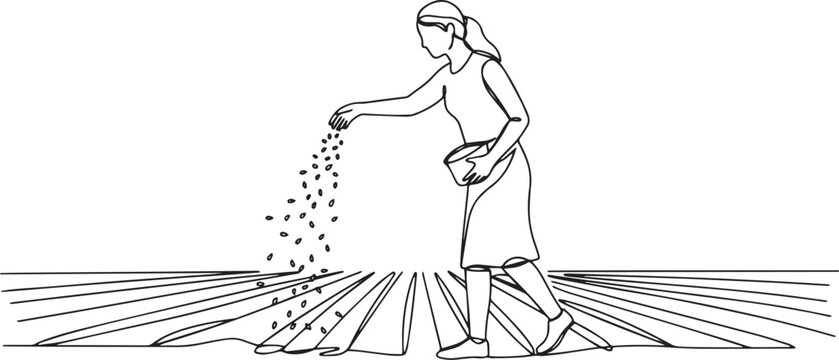 Single line illustration of a woman sowing seeds in a cultivated